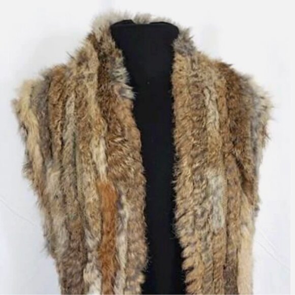 Real Rabbit Fur Knitted Vest w Fringe Tassels Pockets Stole Gilet Brown Women OS - Picture 2 of 7